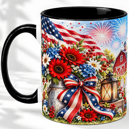 #pl[11oz|Black] Patriotic Floral Accent Mug, Ceramic Mug with Americana Artwork
