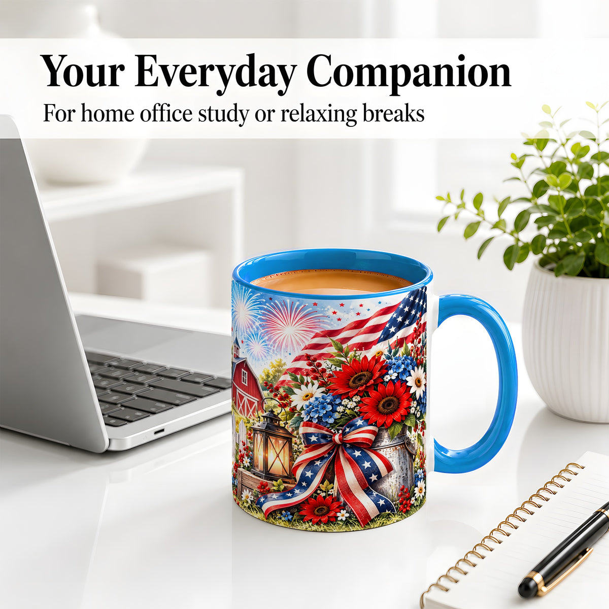 #pl[11oz|Blue] Patriotic Floral Accent Mug, Ceramic Mug with Americana Artwork