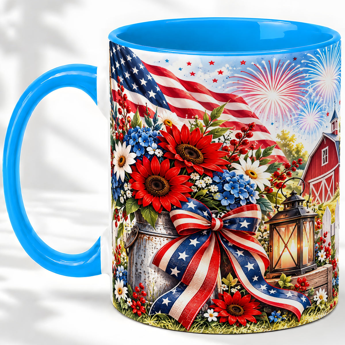 #pl[11oz|Blue] Patriotic Floral Accent Mug, Ceramic Mug with Americana Artwork