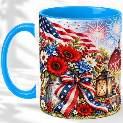 #pl[11oz|Blue] Patriotic Floral Accent Mug, Ceramic Mug with Americana Artwork