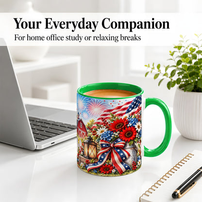 #pl[11oz|Green] Patriotic Floral Accent Mug, Ceramic Mug with Americana Artwork