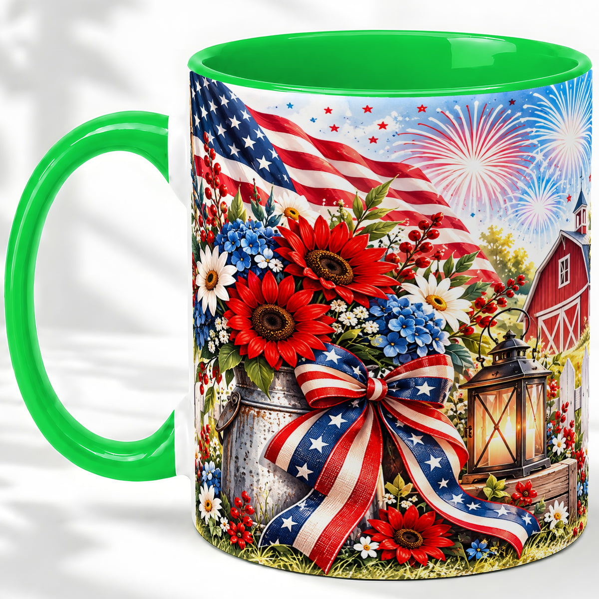 #pl[11oz|Green] Patriotic Floral Accent Mug, Ceramic Mug with Americana Artwork
