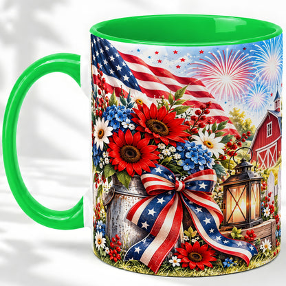#pl[11oz|Green] Patriotic Floral Accent Mug, Ceramic Mug with Americana Artwork