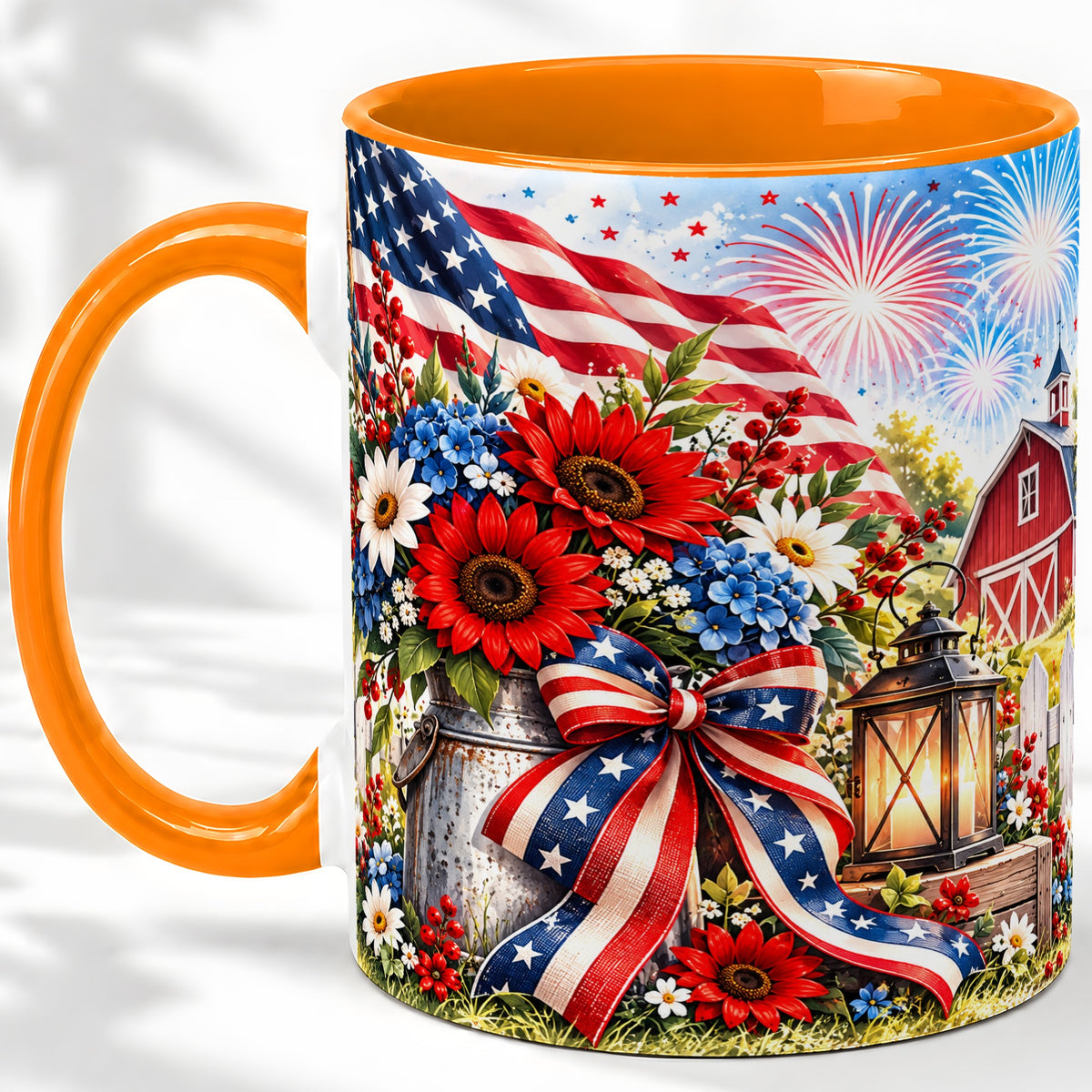 #pl[11oz|Orange] Patriotic Floral Accent Mug, Ceramic Mug with Americana Artwork
