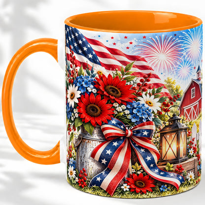 #pl[11oz|Orange] Patriotic Floral Accent Mug, Ceramic Mug with Americana Artwork