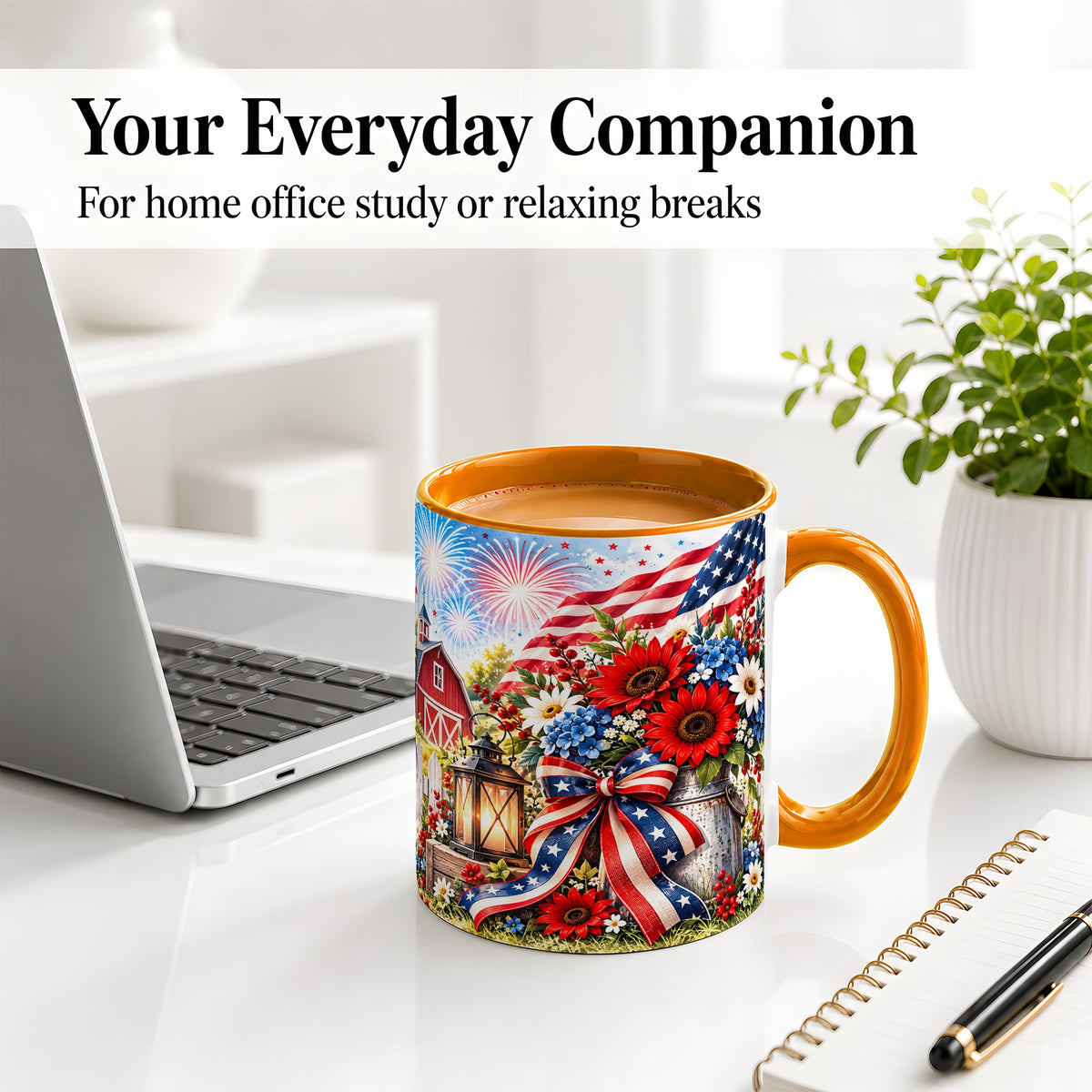 #pl[11oz|Orange] Patriotic Floral Accent Mug, Ceramic Mug with Americana Artwork