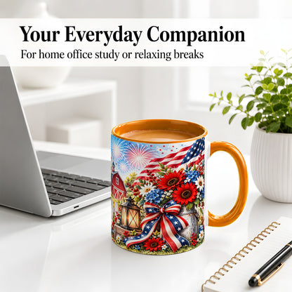 #pl[11oz|Orange] Patriotic Floral Accent Mug, Ceramic Mug with Americana Artwork