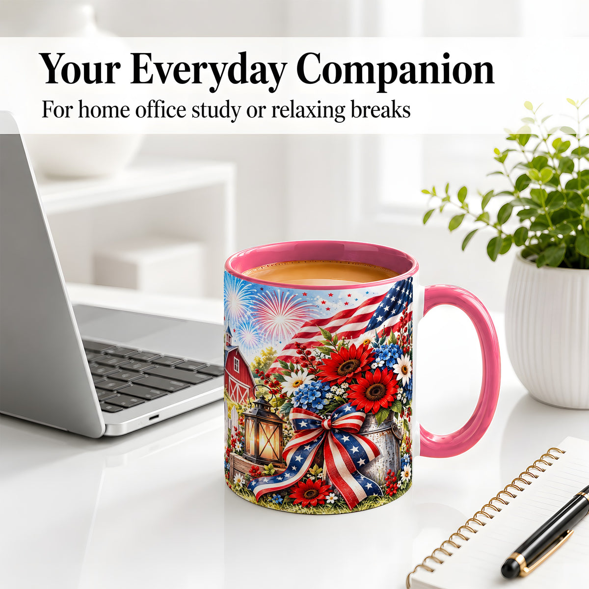 #pl[11oz|Pink] Patriotic Floral Accent Mug, Ceramic Mug with Americana Artwork