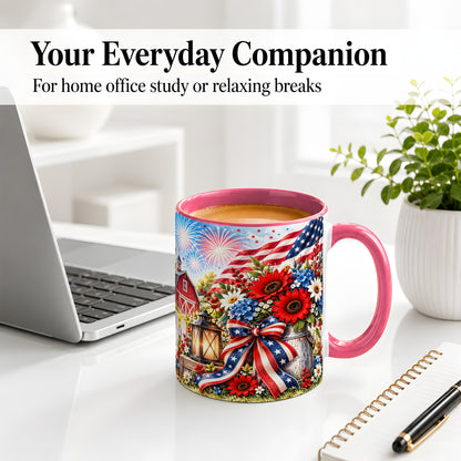 #pl[11oz|Pink] Patriotic Floral Accent Mug, Ceramic Mug with Americana Artwork