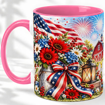#pl[11oz|Pink] Patriotic Floral Accent Mug, Ceramic Mug with Americana Artwork