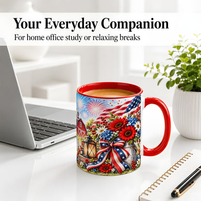#pl[11oz|Red] Patriotic Floral Accent Mug, Ceramic Mug with Americana Artwork