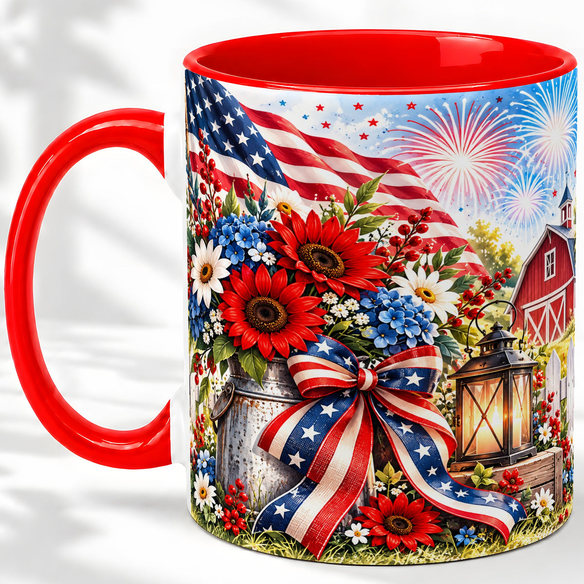 Patriotic Floral Accent Mug, Ceramic Mug with Americana Artwork