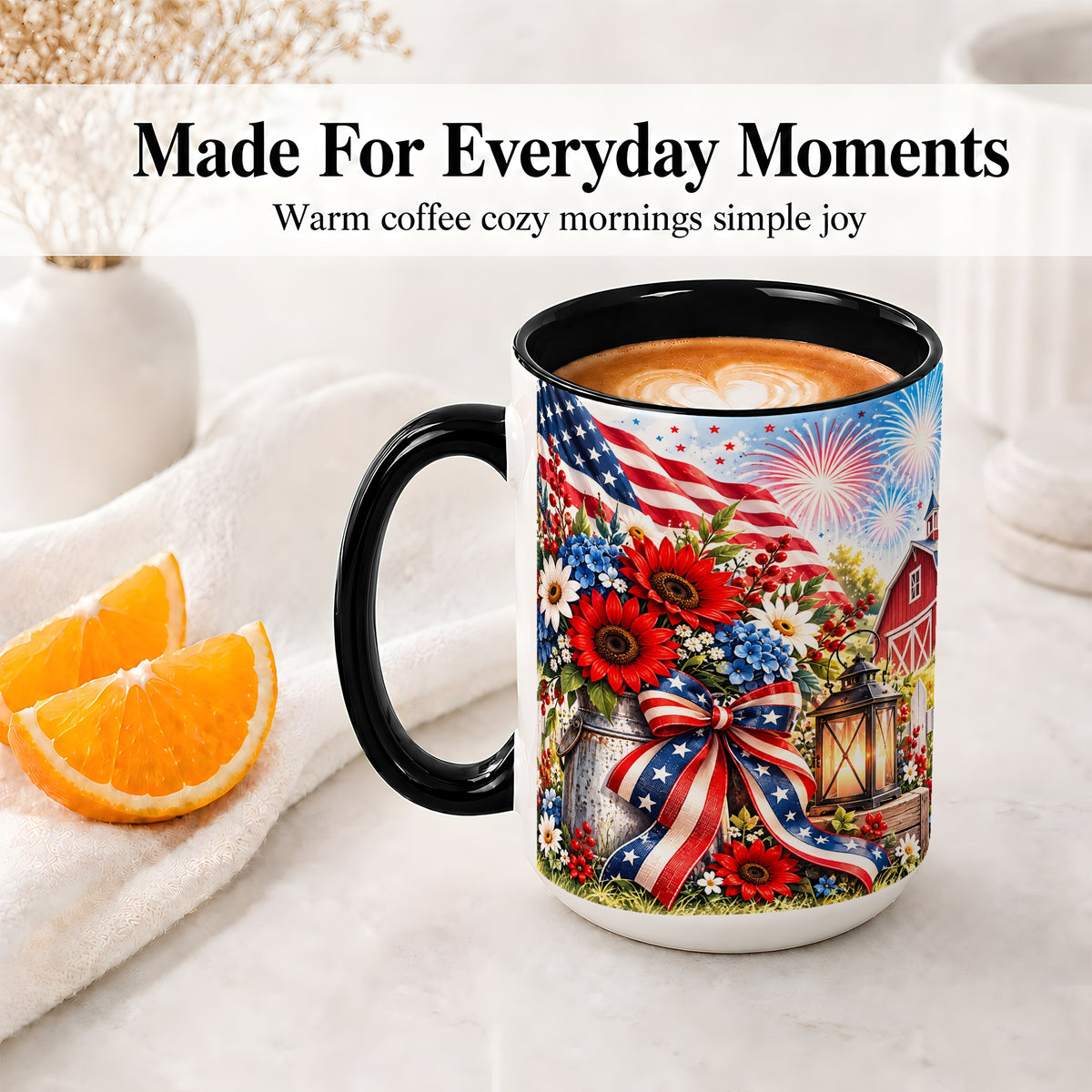 #pl[15oz|Black] Patriotic Floral Accent Mug, Ceramic Mug with Americana Artwork
