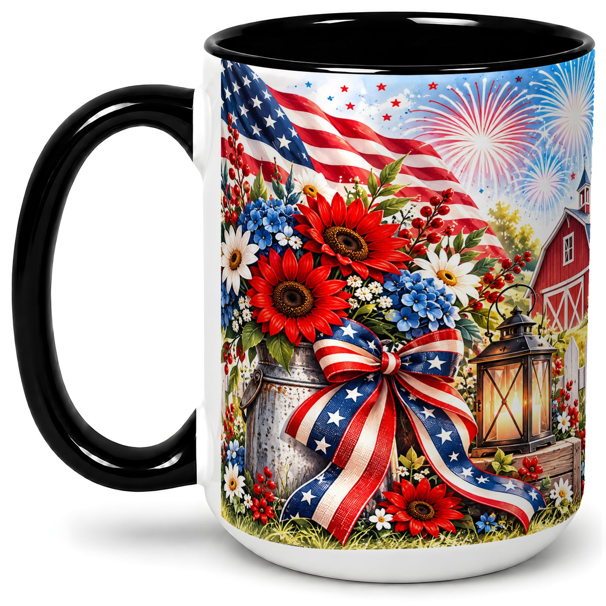 #pl[15oz|Black] Patriotic Floral Accent Mug, Ceramic Mug with Americana Artwork