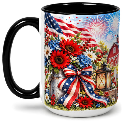 #pl[15oz|Black] Patriotic Floral Accent Mug, Ceramic Mug with Americana Artwork