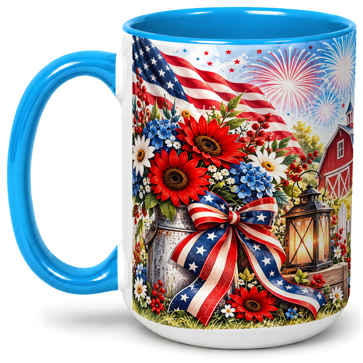 #pl[15oz|Blue] Patriotic Floral Accent Mug, Ceramic Mug with Americana Artwork