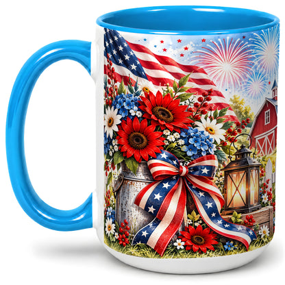 #pl[15oz|Blue] Patriotic Floral Accent Mug, Ceramic Mug with Americana Artwork