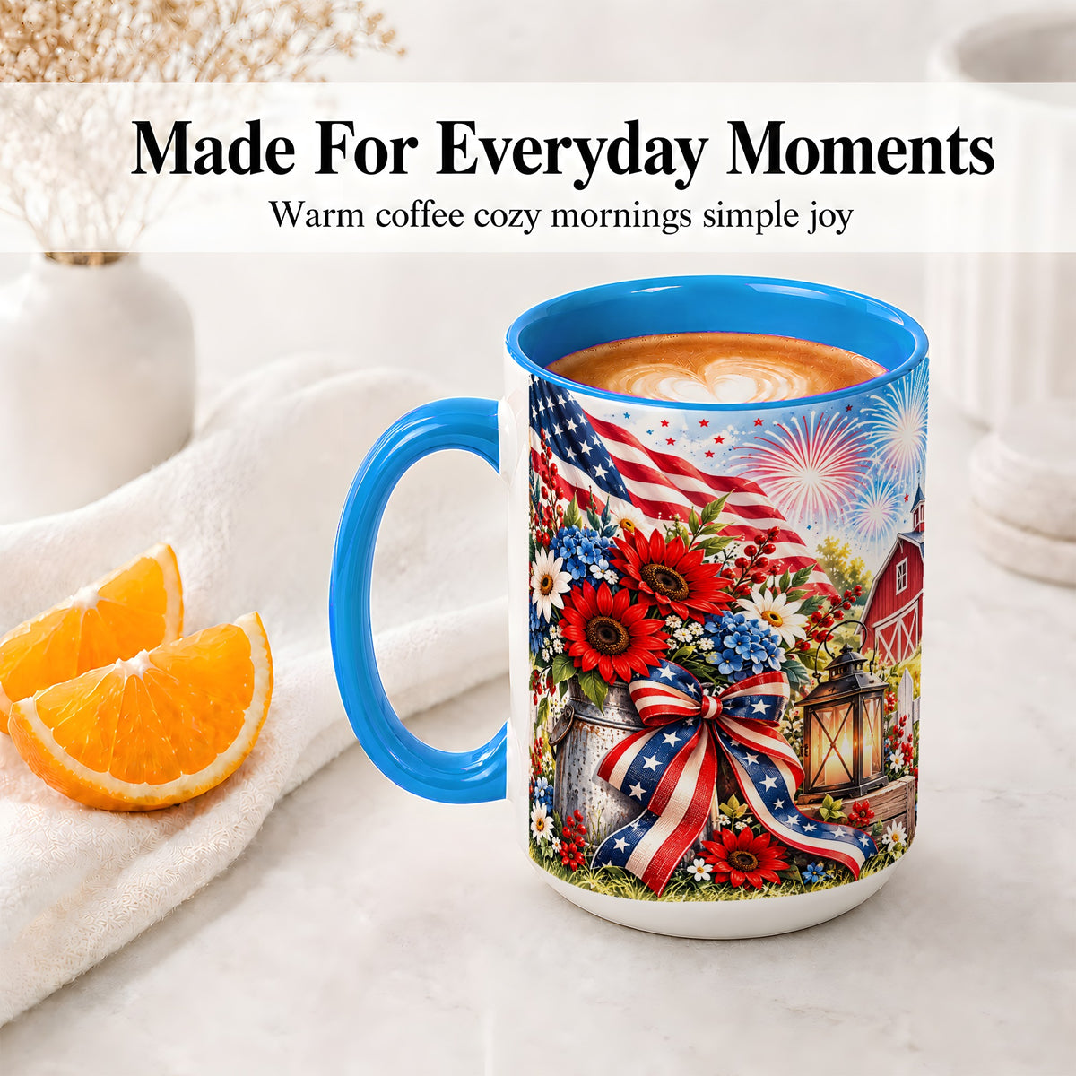 #pl[15oz|Blue] Patriotic Floral Accent Mug, Ceramic Mug with Americana Artwork
