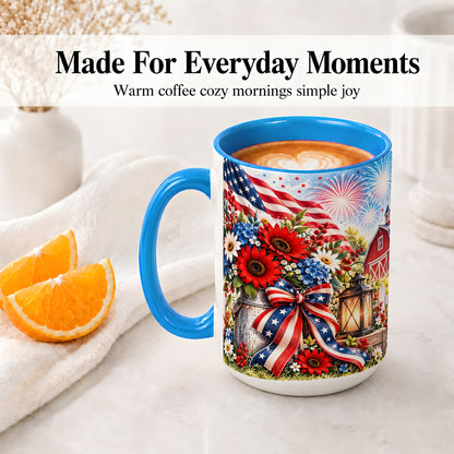 #pl[15oz|Blue] Patriotic Floral Accent Mug, Ceramic Mug with Americana Artwork