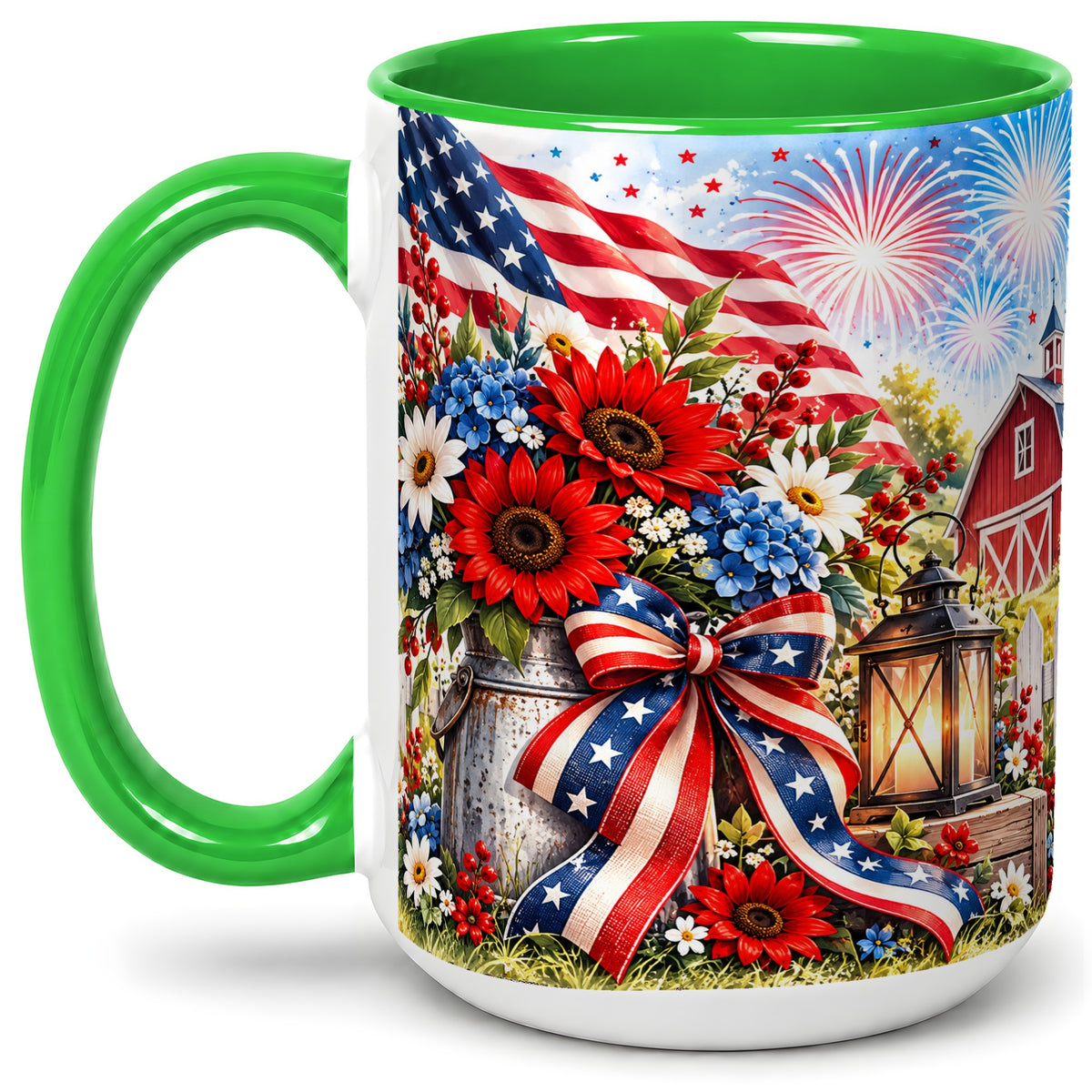 #pl[15oz|Green] Patriotic Floral Accent Mug, Ceramic Mug with Americana Artwork