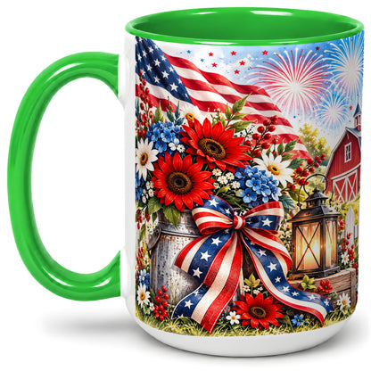 #pl[15oz|Green] Patriotic Floral Accent Mug, Ceramic Mug with Americana Artwork