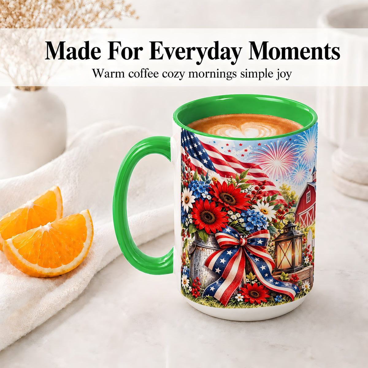 #pl[15oz|Green] Patriotic Floral Accent Mug, Ceramic Mug with Americana Artwork