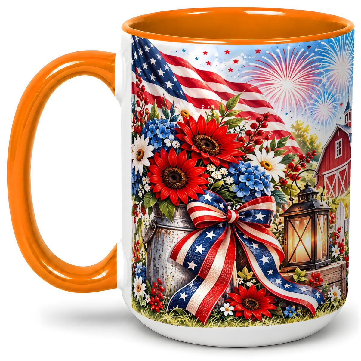 #pl[15oz|Orange] Patriotic Floral Accent Mug, Ceramic Mug with Americana Artwork