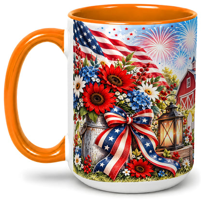 #pl[15oz|Orange] Patriotic Floral Accent Mug, Ceramic Mug with Americana Artwork