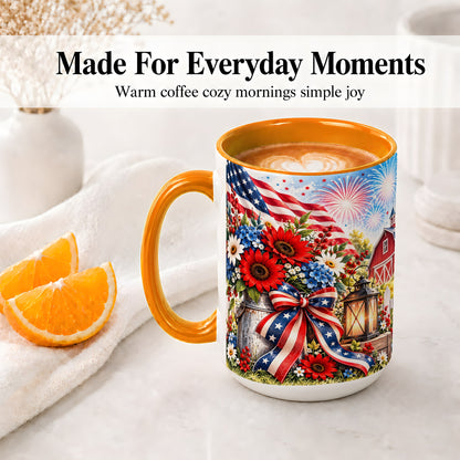 #pl[15oz|Orange] Patriotic Floral Accent Mug, Ceramic Mug with Americana Artwork