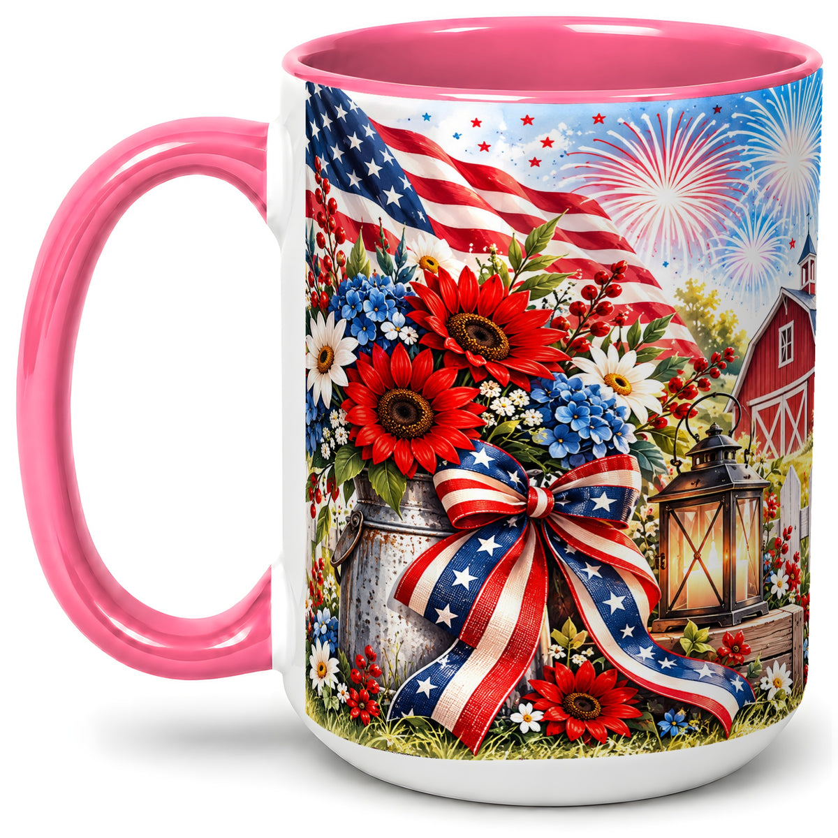 #pl[15oz|Pink] Patriotic Floral Accent Mug, Ceramic Mug with Americana Artwork