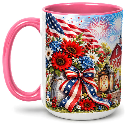 #pl[15oz|Pink] Patriotic Floral Accent Mug, Ceramic Mug with Americana Artwork