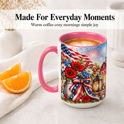 #pl[15oz|Pink] Patriotic Floral Accent Mug, Ceramic Mug with Americana Artwork