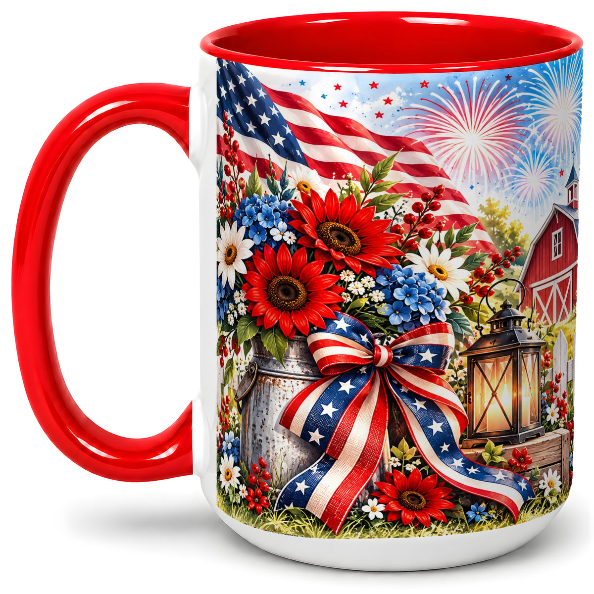 #pl[15oz|Red] Patriotic Floral Accent Mug, Ceramic Mug with Americana Artwork