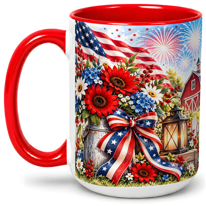 #pl[15oz|Red] Patriotic Floral Accent Mug, Ceramic Mug with Americana Artwork