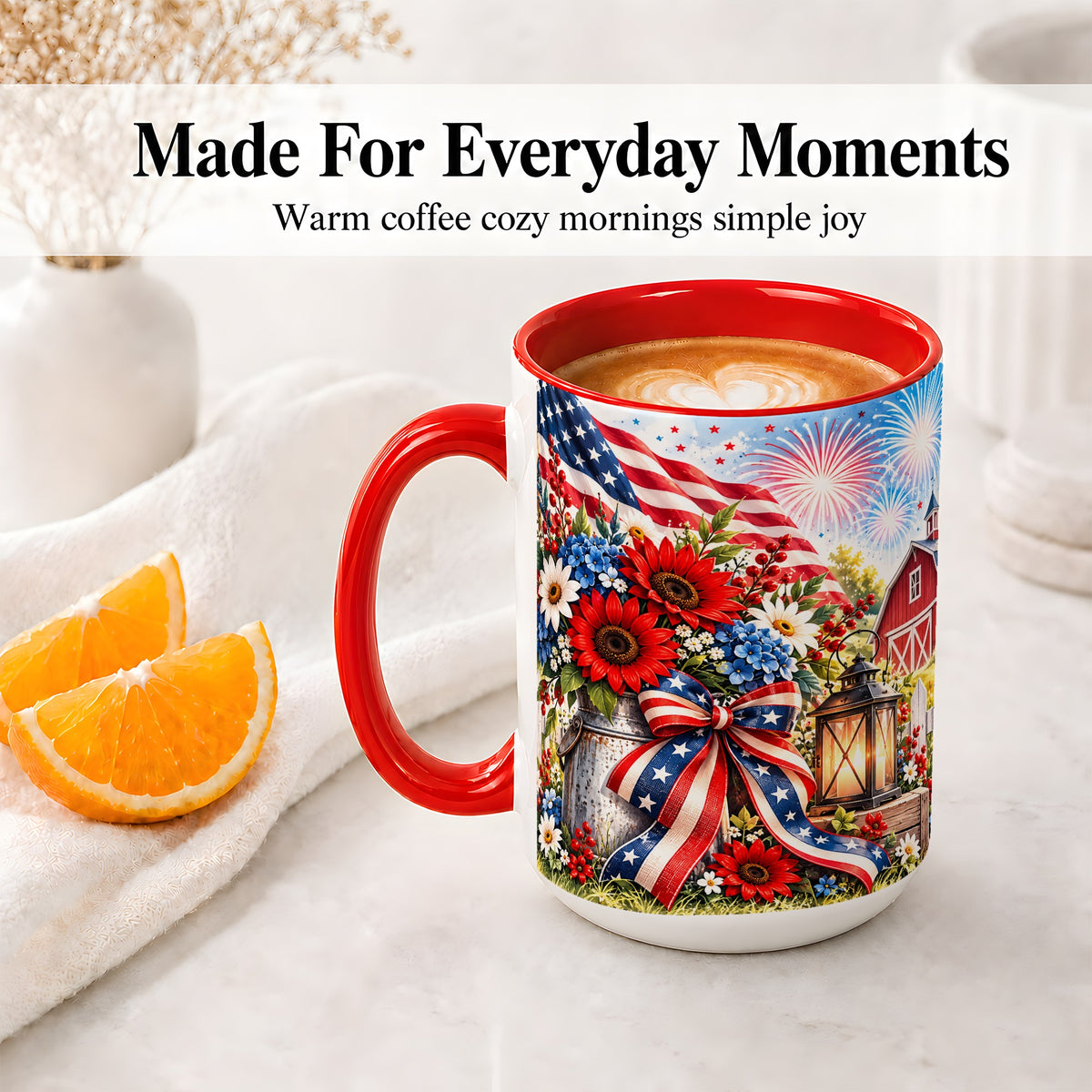 #pl[15oz|Red] Patriotic Floral Accent Mug, Ceramic Mug with Americana Artwork