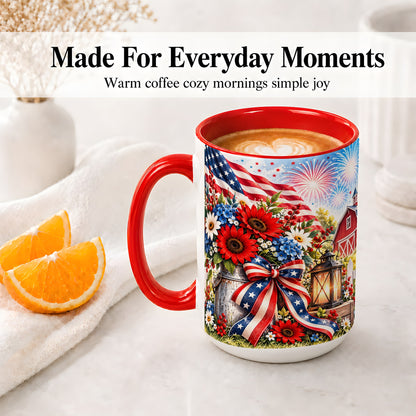 #pl[15oz|Red] Patriotic Floral Accent Mug, Ceramic Mug with Americana Artwork