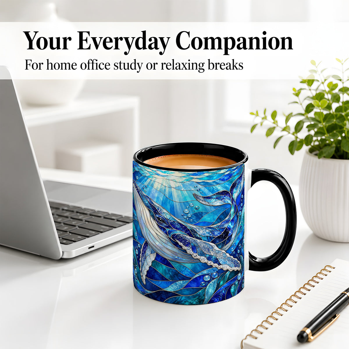 #pl[11oz|Black] Stained Glass Style Whale Accent Mug, Ceramic Mug for Ocean Lovers