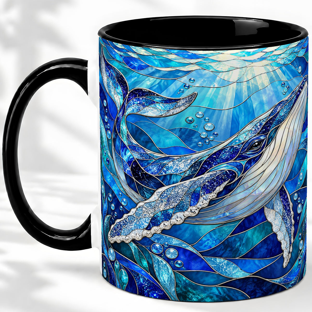 #pl[11oz|Black] Stained Glass Style Whale Accent Mug, Ceramic Mug for Ocean Lovers