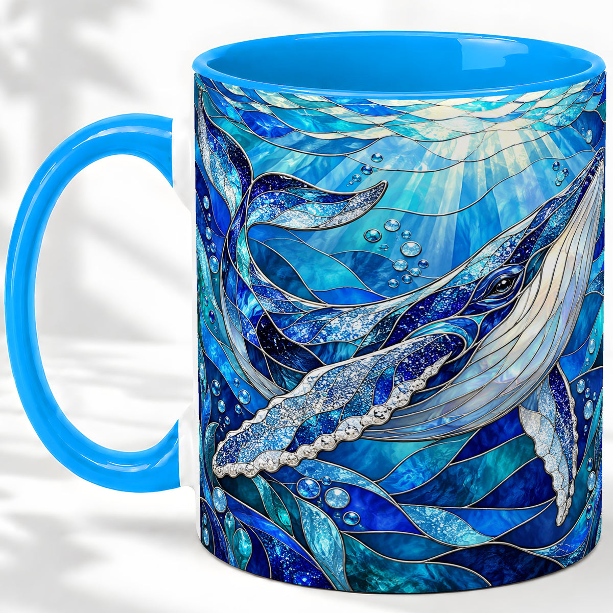 #pl[11oz|Blue] Stained Glass Style Whale Accent Mug, Ceramic Mug for Ocean Lovers