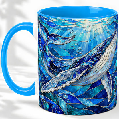 #pl[11oz|Blue] Stained Glass Style Whale Accent Mug, Ceramic Mug for Ocean Lovers