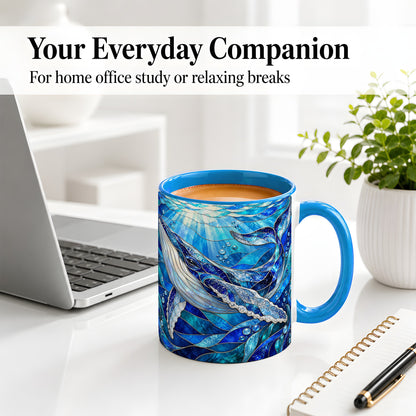 #pl[11oz|Blue] Stained Glass Style Whale Accent Mug, Ceramic Mug for Ocean Lovers