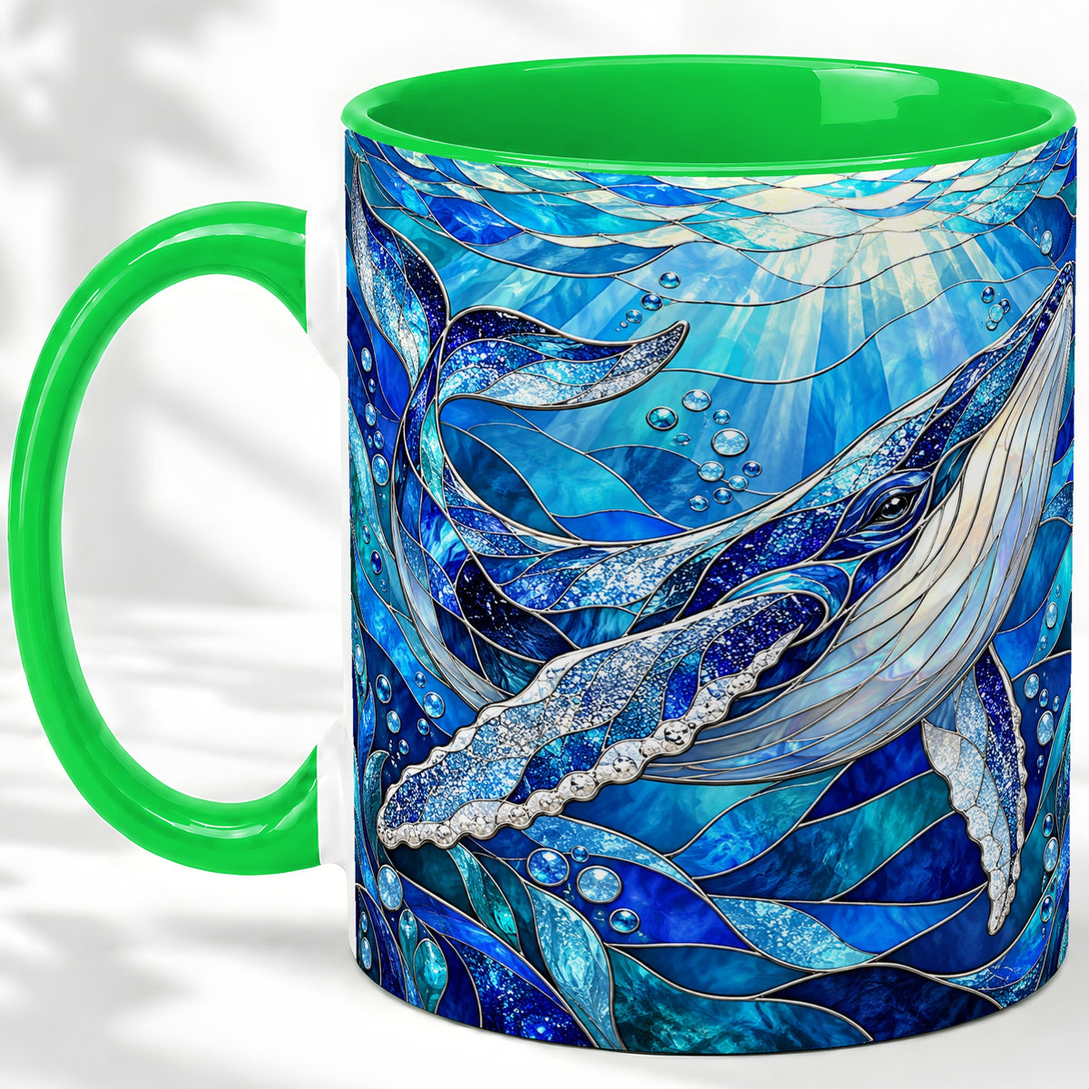 #pl[11oz|Green] Stained Glass Style Whale Accent Mug, Ceramic Mug for Ocean Lovers