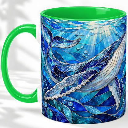 #pl[11oz|Green] Stained Glass Style Whale Accent Mug, Ceramic Mug for Ocean Lovers