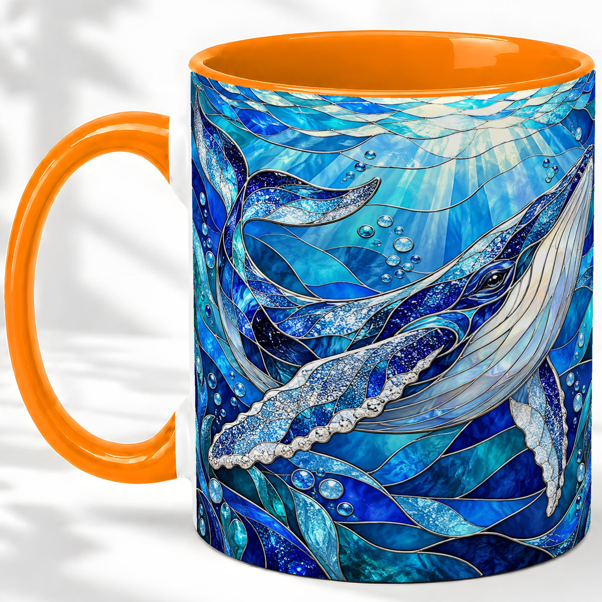 #pl[11oz|Orange] Stained Glass Style Whale Accent Mug, Ceramic Mug for Ocean Lovers