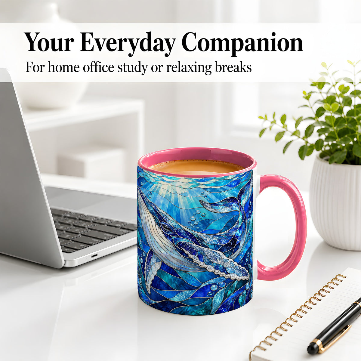 #pl[11oz|Pink] Stained Glass Style Whale Accent Mug, Ceramic Mug for Ocean Lovers