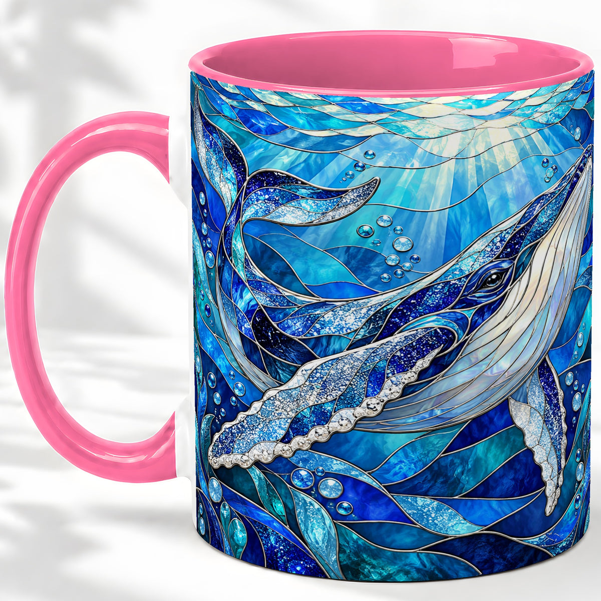 #pl[11oz|Pink] Stained Glass Style Whale Accent Mug, Ceramic Mug for Ocean Lovers