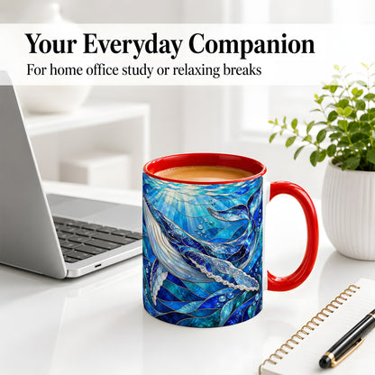 #pl[11oz|Red] Stained Glass Style Whale Accent Mug, Ceramic Mug for Ocean Lovers