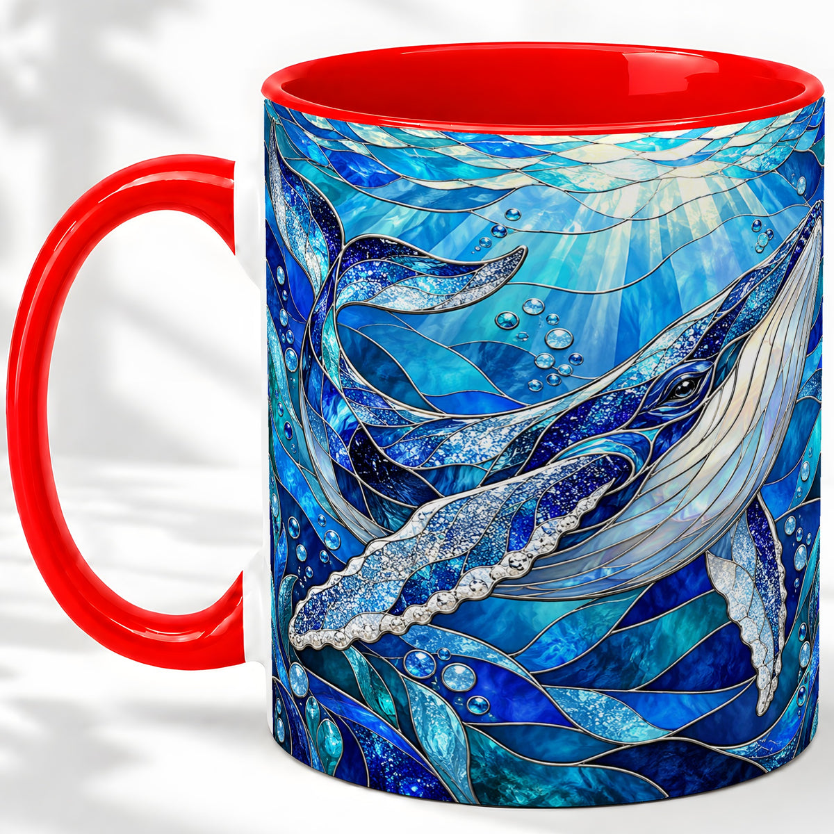 Stained Glass Style Whale Accent Mug, Ceramic Mug for Ocean Lovers