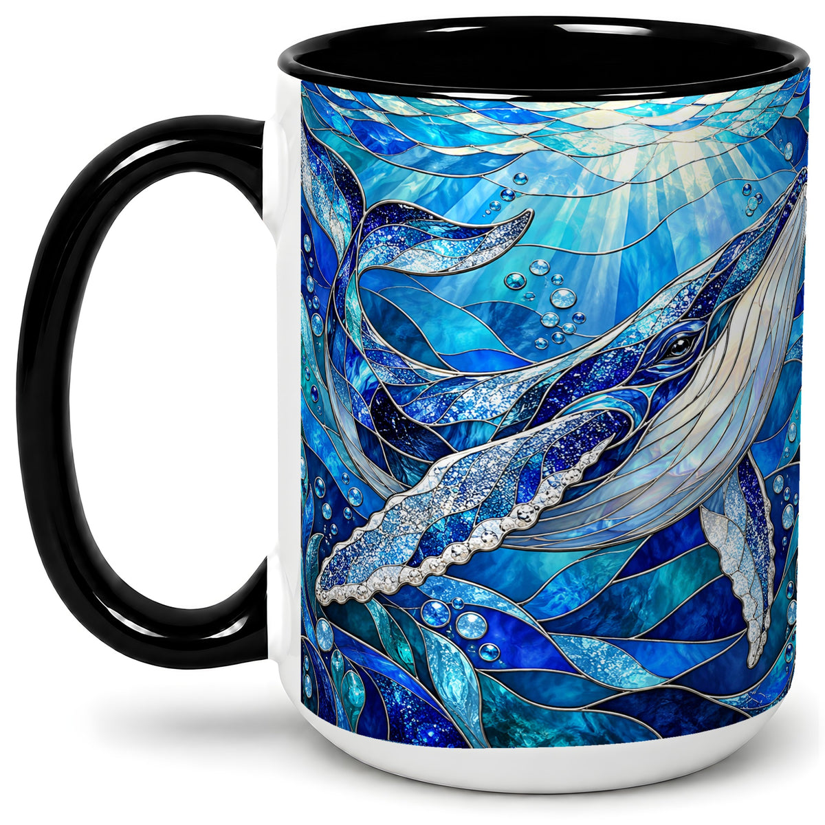 #pl[15oz|Black] Stained Glass Style Whale Accent Mug, Ceramic Mug for Ocean Lovers