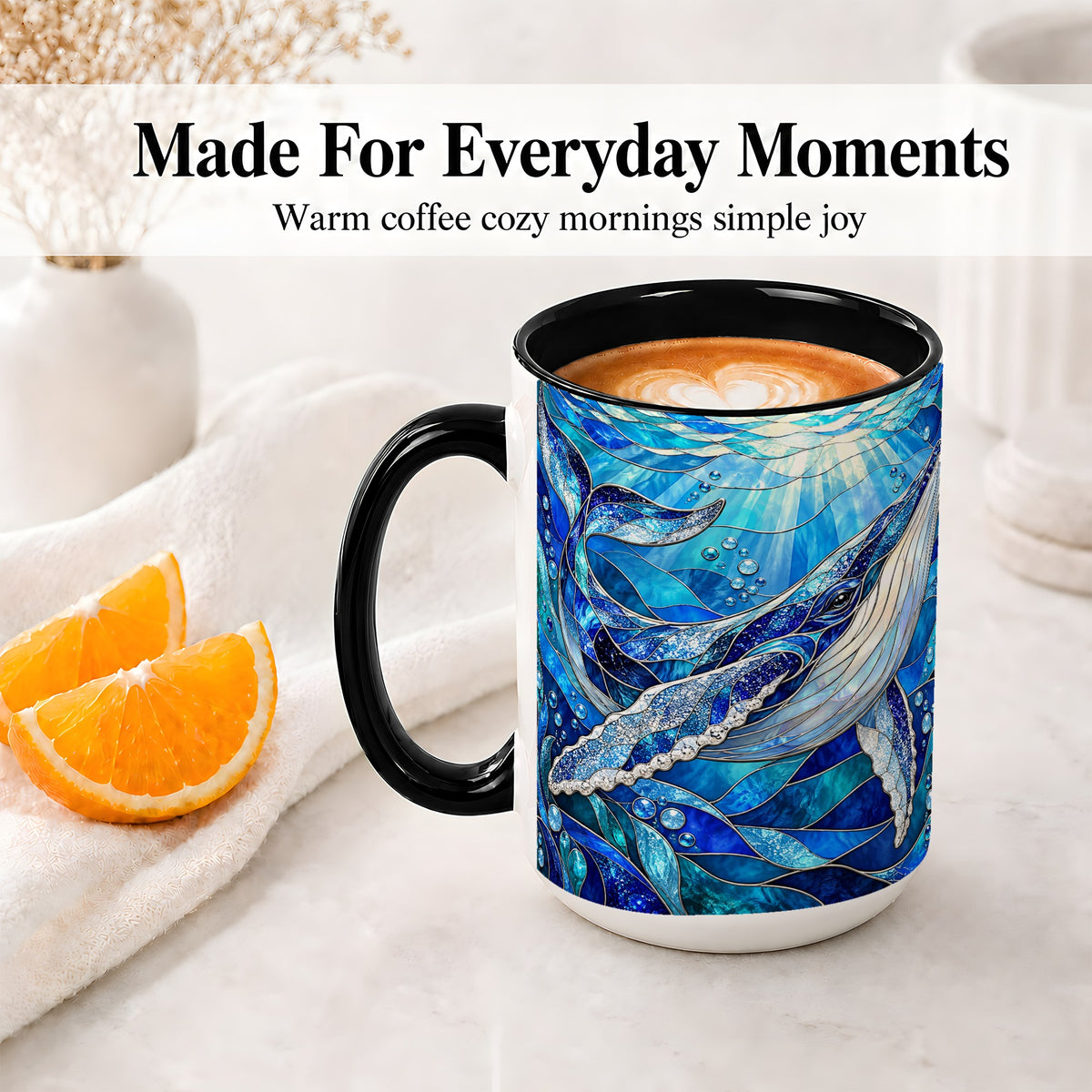 #pl[15oz|Black] Stained Glass Style Whale Accent Mug, Ceramic Mug for Ocean Lovers